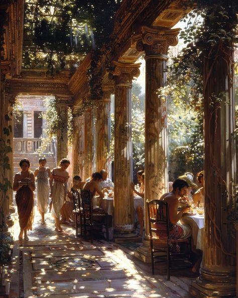 Daily Life in an Ancient Greek Villa | Premium AI-generated image Ancient Greece House, Greek Mythology Architecture, Medusa Story, Orange Mountains, Ancient Greek Temple, Ancient Greece Aesthetic, Asian Mythology, Ancient Civilisation, Greece House