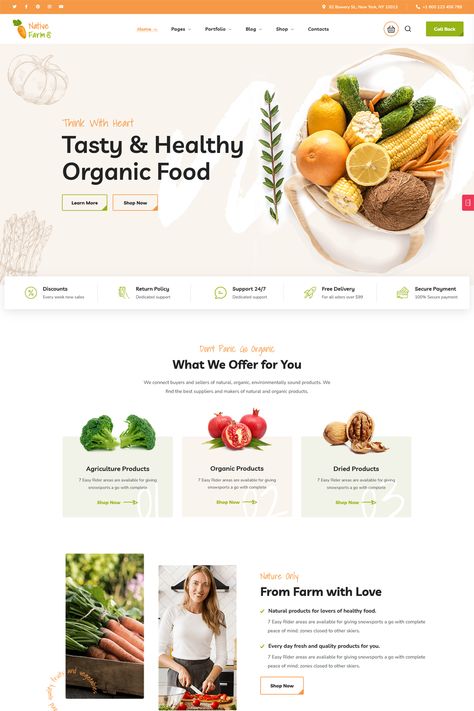 NativeFarm is a vibrant and modern WordPress theme designed specifically for organic farms, healthy food stores, and businesses selling eco-friendly food products. Its bright and eye-catching design, combined with powerful features, makes it an ideal choice for showcasing your organic offerings, building trust with customers, and growing your online sales. Fruits Website Design, Farmers Market Website Design, Organic Market Design, Product Knowledge Design, Food Website Design Layout, Healthy Website Design, Selling Website Design, Lending Design, Farm Website Design