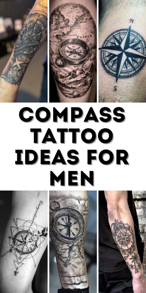 Compass Tattoo Ideas for Men Compass Roman Numeral Tattoo, Compass Tattoos For Men Forearm, Mens Beach Tattoo Ideas, Compass Rose Tattoo Men, Compass Tattoo Arm, Tattoo Compass Men, Unique Compass Tattoo, Compass Tattoos Arm, Compass Tattoos For Men