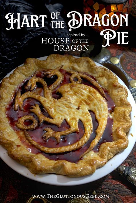 Hart of the Dragon Pie inspired by House of the Dragon. Recipe by The Gluttonous Geek. Dnd Dessert Recipes, Dragon Shaped Food, Midevil Food Ideas, Dragon Themed Snacks, House Of The Dragon Recipes, Game Of Thrones Food Recipes, House Of The Dragon Food Ideas, House Of The Dragon Watch Party, Game Of Thrones Food Ideas