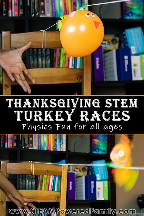 This Thanksgiving play with physics with Turkey Balloon Races. The perfect Thanksgiving STEM Activities for all ages that will have everyone laughing, learning and having fun. Explore Newton's Laws of Motion with this simple physics challenge that is so silly and so much fun, it will have everyone celebrating their turkey successes! An excellent project for a classroom activity or a fun family challenge, Turkey Races are the perfect Thanksgiving STEM Activity. #ThanksgivingSTEM #TurkeyActivity Turkey Science Experiments, Thanksgiving Preschool Science, November Team Building Activities, November Steam Activities, November Stem Activities, Turkey Science, Thanksgiving Science, Thanksgiving Stem Activities, Fun Thanksgiving Activities