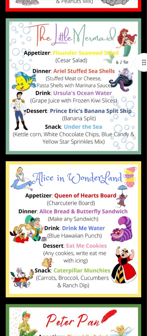 Disney Movies With Food, Disney Themed Food Snacks, Disney Themed Movie Night Snacks, Movie Themed Dinners Ideas, Themed Nights For Dinner, Family Themed Dinner Ideas, Elf Dinner Menu Ideas, Disney Food Recipes Dinner, Disney Movie Inspired Meals