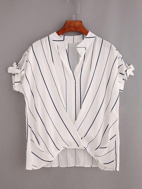 Shop Vertical Striped Tie-Sleeve Draped Top - White online. SheIn offers Vertical Striped Tie-Sleeve Draped Top - White & more to fit your… Striped Clothes, White Short Sleeve Tops, Spring Wear, Drape Sleeves, Draped Top, Tie Sleeve, Women Blouses, Striped Tie, Vertical Stripes