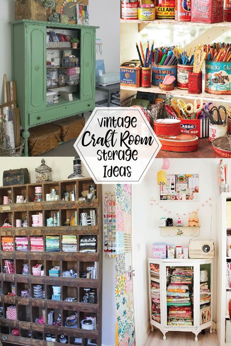 Vintage Craft Room Storage Ideas - Sewing Display Ideas, Vintage Style Craft Room Ideas, Workshop Craft Room, Pretty Craft Storage, Vintage Inspired Craft Room, Craft Wood Storage, Farmhouse Sewing Room Ideas, Craft Room Vintage Style, Vintage Sewing Display