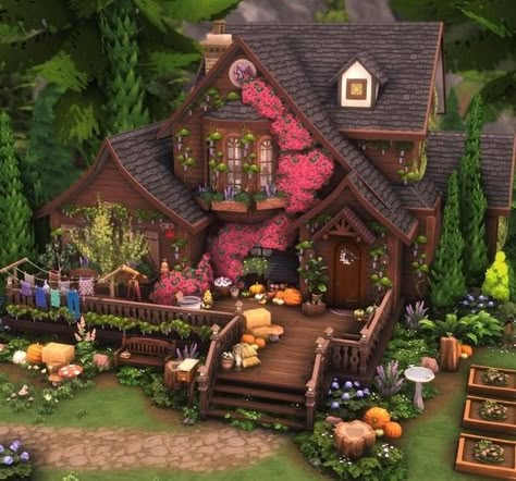 Family cottage | Patreon Sims 4 Sylvan Glade, Fairy Sims 4 House, Sims House Cottage, Sims 4 Houses Builds, Sims Fantasy House, Sims 4 Houses Cottages Floor Plans, Sims Glimmerbrook, Sims Patio Ideas, Sims 4 Cool Builds