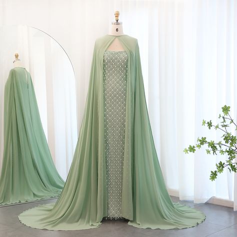 SS431 New Arrival Size :2,4,6,8,10,12,14,16 Available Now #Sharonsaid Sage Green Dress Formal, Tulle Pattern, Evening Dress With Cape, Gown With Cape, Crystal Mermaid, Yellow Evening Dresses, Grey Evening Dresses, Champagne Evening Dress, Dress With Cape