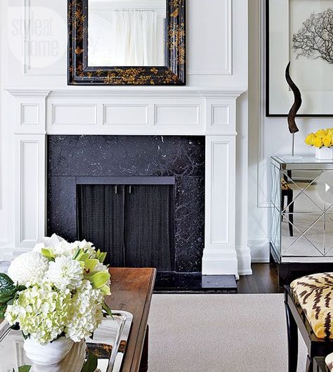 classic white fireplace mantel with honed Nero Assoluto marble White Fireplace Mantels, Fireplace Style, White Mantel, Classic Fireplace, Farmhouse Living Room Furniture, Linear Fireplace, Diy Living Room Decor, Furniture Movers, Marble Fireplace