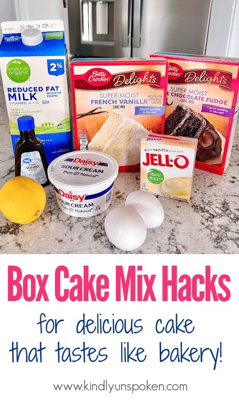 Learn how to make box cake better than a bakery cake with my 8 easy box cake hacks that will enhance all your cake mix recipes and desserts. Cake Taste Like A Bakery Cake, How To Make Box Cake Mix Extra Moist, Box Cake Taste Like Bakery Pudding, Box Cake Better How To Make, How To Make Bakery Style Cake, Diy Box Cake Mix Recipes, Best Cake Mix Recipe Boxes, Turn A Box Cake Into A Bakery Cake, How To Make Box Cake Mix Moist