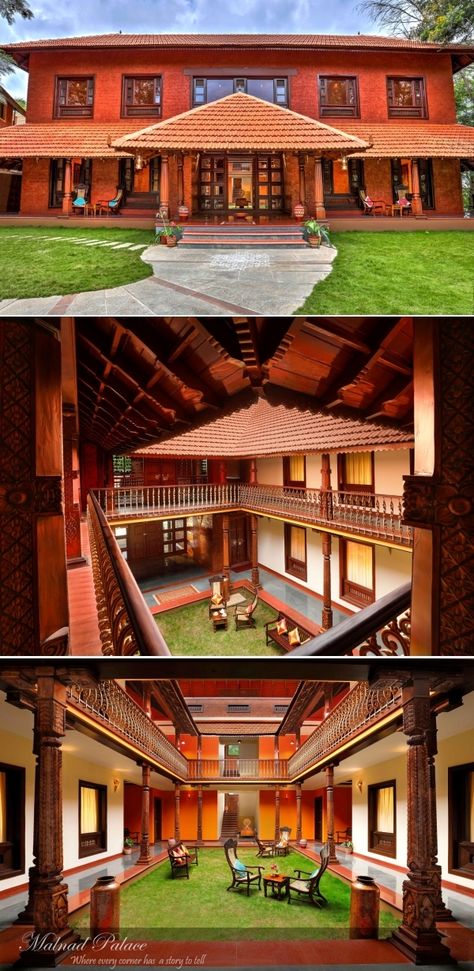 A vernacular style of architecture with the use of locally available materials exposed laterite blocks, wood and Mangalore tile roof. The splash of rich hues &color blended in natural surroundings spells by itself true Dravidian Architecture & a unique style typical of Malnad region. Kerala Style Architecture, Wada Style Architecture, Chettinadu Style House, Malnad Style House, Old Wada Architecture, Indian Vernacular Architecture, Naalukettu House, Vernacular Architecture Indian, Indian Architecture Homes