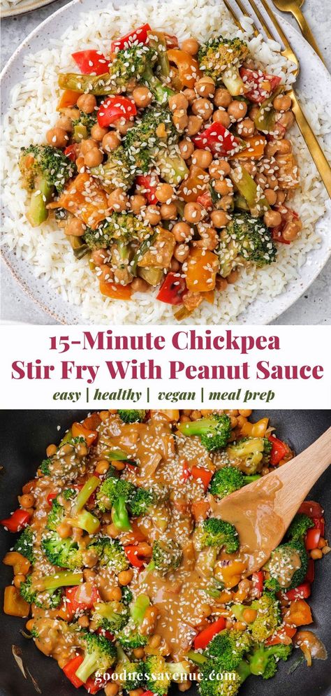 Chickpea stir fry in a wok and on a plate. Stir Fry Chickpeas, Chickpea Peanut Sauce, Teriyaki Chickpeas Stir Fry, Meatless Chinese Recipes, Sticky Chickpea Recipes, Meal Prep Stir Fry Healthy, Easy Vegetarian Stir Fry Recipes, Chickpea Supper Recipes, Peanut Sauce Stir Fry Veggies