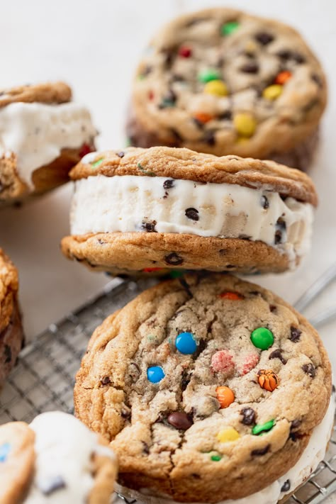 Ice Cream Birthday Treats, M&m Ice Cream Sandwich, M&m Cookie Ice Cream Sandwich, Cookies N Cream Recipes, Chocolate Chip Cookie Ice Cream Sandwich, M&m Dessert, Cookie With Ice Cream, Homemade Ice Cream Bars, Ice Cream Ideas