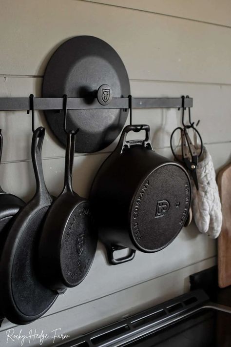 Skillet Hanging Ideas, Hanging Skillet Shelf, Ways To Display Cast Iron Skillets, Cast Iron Kitchen Decor, How To Store Cast Iron Cookware, Cast Iron Pan Rack, Cast Iron Pot Storage, Cast Iron Skillet Hanger, Cast Iron Above Stove