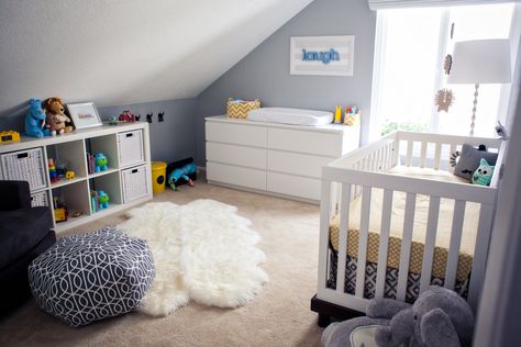 Nursery Ideas Boy, Modern Baby Room, Boy Room Paint, Grey Crib, Grey Baby Room, Baby Deco, Baby Room Neutral, Slanted Ceiling, Yellow Nursery