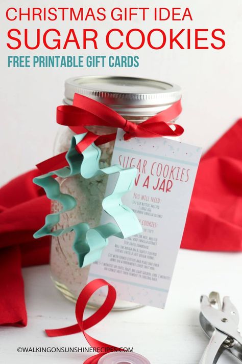 A Christmas gift that is sure to please anyone on your list is this mason jar sugar cookie mix recipe along with FREE printable gift tag! Sugar Cookie Jar Recipe Gift Ideas, Mason Jar Sugar Cookie Mix Recipe, Sugar Cookie Mason Jar Recipe, Sugar Cookies In A Jar Recipe, Christmas Cookie Mason Jar Gift Ideas, Cookie Mix In Jars Christmas Gift Ideas, Cookie Dough Jar Gift, Cookie Jar Mix Recipe, Sugar Cookie In A Jar Recipe Gift