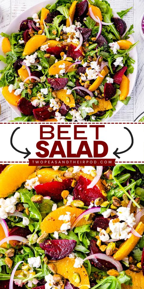 Here's an easy summer salad or simple BBQ side dish to try! This Beet Salad is made with arugula, beets, orange slices, goat cheese, pistachios, red onion, and a citrus dressing. Add this recipe to your Labor Day party food ideas! Shrimp And Beet Salad, Beet Salad Recipes Goat Cheese, Beet Cucumber Feta Salad, Salad With Roasted Beets, Salad With Beats, Roasted Beet Salad With Feta, Beet Arugula Feta Salad, Spiralized Beet Salad, Beat And Goat Cheese Salad Recipe