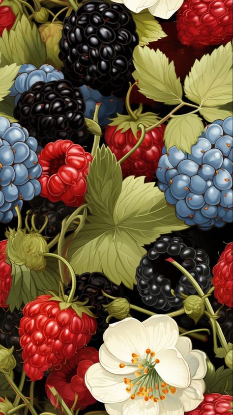 Wallpaper/ Pattern/ Berries Blackberry Paint, Unique Berries, Berries Drawing, Berries Aesthetic, Raspberry Art, Raspberry Wallpaper, Berry Wallpaper, Berries Art, Art White Background