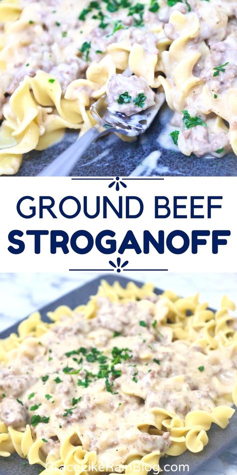 Easy Ground Beef Stroganoff - Grace Like Rain Blog: Recipes From Our Family to Yours Easy Stroganoff Recipe Ground Beef, Stragonoff Recipe, Healthy Stroganoff, Stovetop Appetizers, Healthy Beef Stroganoff, Ground Beef Stroganoff Recipe, Easy Ground Beef Stroganoff, Easy Goulash Recipes, Hamburger Stroganoff