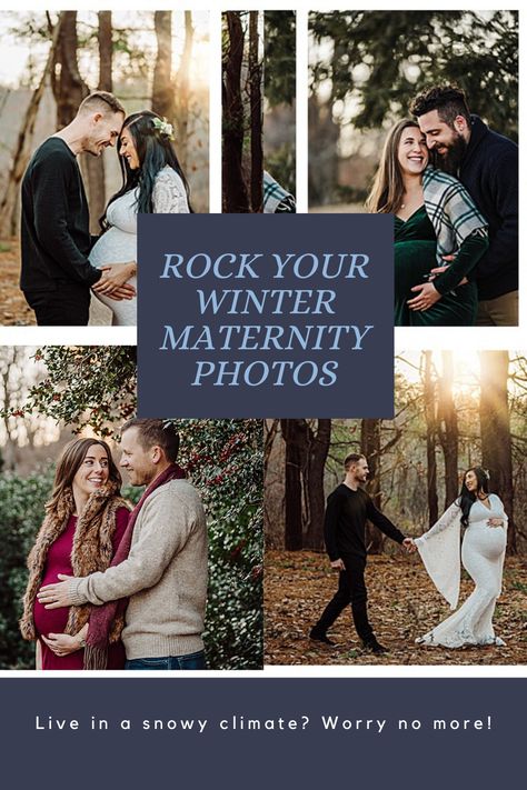 a collage pin of outdoor winter maternity images that states how to rock your winter maternity photos Maternity Shoot In Winter, Early Winter Maternity Photos, December Maternity Photoshoot Outfits, Maternity Photos December, Indoor Winter Maternity Shoot, Winter Maternity Poses, Holiday Maternity Photoshoot, Outdoor Winter Maternity Photos, Winter Maternity Shoot Outfits