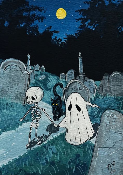 5" x 7" gouache painting from Sad Soulmates collection. print comes framed & signed! Skeleton In Graveyard, Spooky Paintings Ideas, Halloween Gouache Painting, Tombstone Painting, Cute Ghost Pumpkin Carving, Spooky Art Aesthetic, Halloween Themed Paintings, Graveyard Painting, Ghost Pumpkin Carving