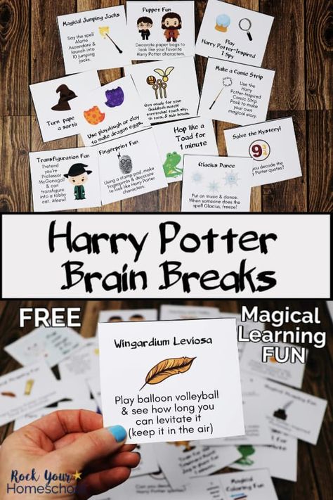 These 24 free Harry Potter-Inspired brain breaks are fantastic for magical fun. These creative prompts are wonderful ways to inspire & motivate your kids. Harry Potter Kids Activities, Harry Potter Week, Harry Potter Summer Camp Ideas, Harry Potter Camp Ideas, Harry Potter Preschool, Harry Potter Club Ideas, Harry Potter Lesson Ideas, Harry Potter Arts And Crafts, Harry Potter Summer Camp