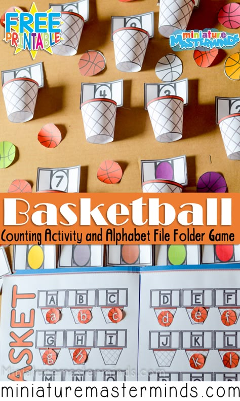 Basket Ball Preschool Counting and Colors Activity with Alphabet Match File Folder Game Gymnastic Activities For Toddlers, Sport Math Activities For Preschool, Basketball Fine Motor Activities, Basketball Activities For Preschool, Sports Math Activities Preschool, Sports Activities For Kindergarten, Exercise Crafts For Preschool, Ball Crafts For Preschoolers, Sport Activities For Preschool