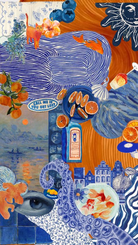 #monet #wallpaper #collage #blue #orange #summeraesthetic 2000s Summer Wallpaper, Orange Blue Room, Orange Collage Wallpaper, Collage Wall Prints Aesthetic, Wallpaper Backgrounds Collage, Orange Blue Aesthetic, Laptop Wallpaper Collage, Orange And Blue Wallpaper, Blue And Orange Wallpaper