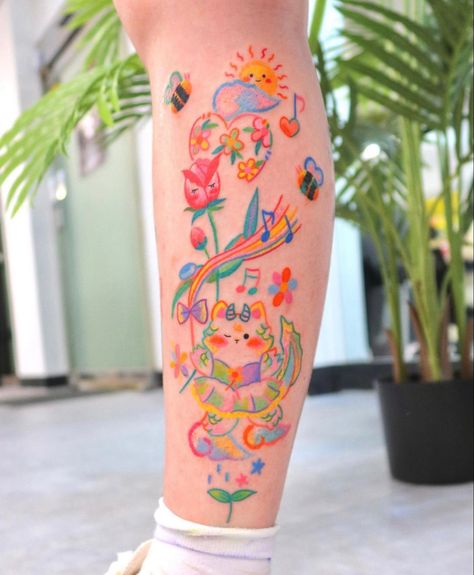 Mystic Tattoos, Pastel Tattoo, Spring Music, Colorful Tattoos, Funky Tattoos, Cute Tats, Dance Together, Sick Tattoo, Kawaii Tattoo