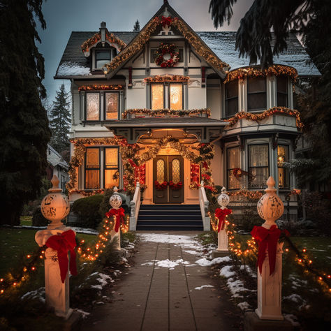 Add a spooky twist to your holiday decor with these images of Victorian homes decorated with Christmas decorations and Halloween elements. Experience the kitsch and camp charm of a Victorian home decorated for Christmas, or the intricate details of a Victorian style house with Christmas decorations. #VictorianHalloweenChristmas #SpookyHolidayDecor #Decorations Victorian Home Christmas Exterior, Victorian Homes Christmas, Christmas Victorian House, Victorian Home Christmas, Victorian Christmas Aesthetic, Victorian Foyer, Victorian Homes Exterior, Queen Anne House, Victorian Halloween