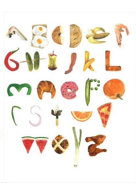 food typography - Google Search Food Alphabet Letters, Illustrated Typography, Food Alphabet, New Typography, Food Font, Food Lettering, Alphabet Typography, Food Typography, Alphabet Drawing