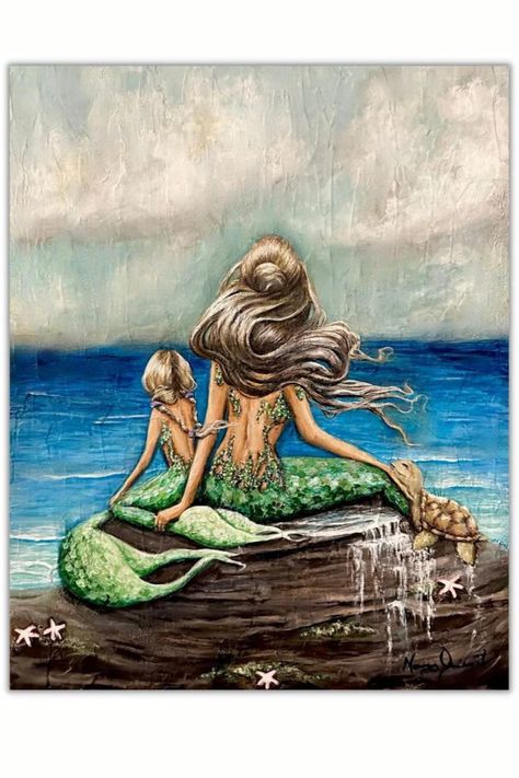 Mother and daughter mermaids with their pet sea turtle art. print. Mother Daughter Mermaids, Mermaid On Rock, Mermaid Tile, Family Art Print, Printed Tile, Art Tiles, Mermaid Painting, Coastal Wall Decor, Mermaid Print