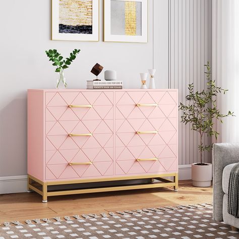 The Dual chest of drawers with a simple design The white/black/pink finish, gold handles, and then adding concave and convex lines to the simple engineered wood panel, are perfect for multiple occasions like office, bedroom, and kitchen. Not only can be used as a clothing organizer/lingerie dresser/TV stand, but also can be an accent storage cabinet for living room. It can easily match any interior style£¡ Pink Dressers, Freestanding Shelving, Dresser With Tv, Dresser Tv Stand, Wide Chest Of Drawers, Accent Storage Cabinet, Dresser For Bedroom, Sleek Storage, Wooden Dresser