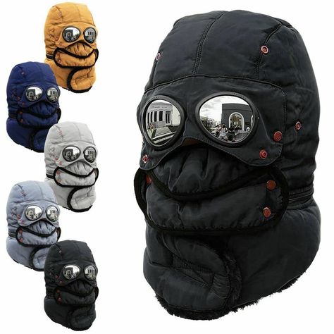 PRICES MAY VARY. 100% Cotton Fabric type: 100 percent Cotton Material: Polyester + Cotton Optional Color: Black, Gray, Navy Blue, Beige, Yellow Made of thick warm material, added thermal plush inside for extremely warm feelings. Goggles,mask, scarf and hat in one, effectively keep your head and ears in warmth in cold weather. Goggles, mask, scarf and hat are detachable, meet different warmth needs. It can cover head and neck completely and is very suitable for wearing at outside, or for any othe Hat With Glasses, Winter Cycling, Trapper Hat, Concept Clothing, Ski Hats, Trapper Hats, Winter Gear, Ski Mask, Honda Cb