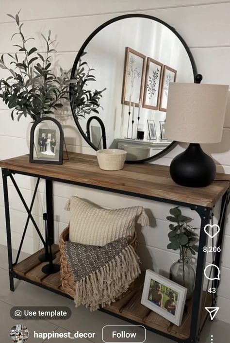 Accent Wall With Entry Table, Decoration Entrance Home, Black Accents Decor, Boho With Black Accents Living Room, Modern Black And Wood Living Room, Visitor Bathroom Decor, Modern Farmhouse Front Entryway, Modern Farmhouse Living Room Entryway, Black Farmhouse Living Room Furniture