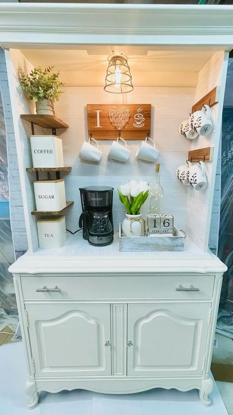 Buffet Cabinet Farmhouse, Coffee Bar Hutch, Kaffe Bar, Coffee/wine Bar, Coffee Cabinet, Coffee Bar Station, Farmhouse Coffee Bar, Diy Coffee Bar, Coffee Bar Design