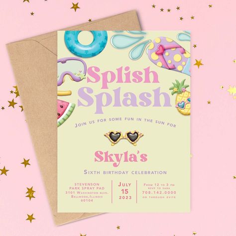 First, I  want to say HAPPY Birthday to the birthday princess ✨!  I hope this invitation takes off one thing off your birthday planning list and is everything you imagined for your princess. My goal is to provide a easy stress free process, so any question  you may have please email me.  The invitation is  a summer pool party or splash party (splash pad)  theme. This is a High Resolution printed or downloadable invite.   The PROCESS  -After purchasing  Include the following information in the Personalization section or email shalishas@suite-design.com: - Name - Age  - Date (Day of the Week, Month) and Time of the celebration - Party Location (Name, Street Address, City) - RSVP information    -  After your information is provided to me  a proof will be sent out to you within 48 hours via Et Water Park Birthday Invitations, Splash Pad Birthday Party, Party Location, Planning List, Pool Party Kids, Splash Party, Suite Design, Baby Bash, Pool Party Invitations