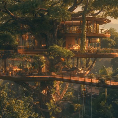 whispers of the wind: steampunk treehouse 🌳🍃 - Unveiling a whimsical treehouse bathed in afternoon sunlight. Biophilic, steampunk ingenuity creates a cozy refuge nestled amongst the branches. Whimsical details whisper of fantastical journeys, a perfect hideaway for dreamers and adventurers alike. ✨ - #ghibliaesthetic #whimsicaldecor #steampunkstyle #treehouseliving #cozyplace #biophilicdesign #treehouses #biophilicarchitecture Fantasy Treehouse Village, Treehouse Aesthetic Inside, Steampunk Treehouse, Tree House City, Treehouse City, Treehouse Mansion, Treehouse Aesthetic, Treehouse Village, Fantasy Treehouse