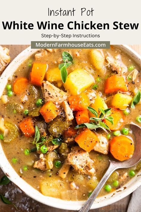 Hearty, rich and delicious, this Instant Pot Chicken Stew is easy to make and loaded with aromatic vegetables, creamy Yukon gold potatoes, and tender chicken, leaving you completely satisfied. Made with white wine, balsamic vinegar and poultry seasoning to make it incredibly flavorful. White Wine Chicken Stew Instant Pot, Creamy Chicken Stew Instant Pot, Chicken Stew Instant Pot, White Wine Chicken Stew, Instant Pot Chicken Stew, Instant Pot Chicken Soup, White Wine Chicken, Wine Chicken, Gold Potatoes