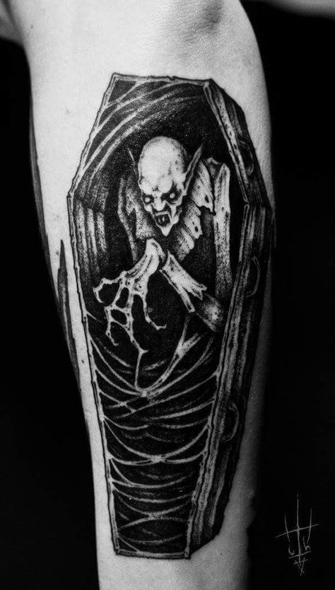 Dracula Tattoo Design, Nosferatu Tattoo, Horror Tattoo Ideas, Nosferatu Vampire, Dracula Tattoo, Coffin Tattoo, Gothic Tattoos, Vampire Tattoo, Monster Tattoo