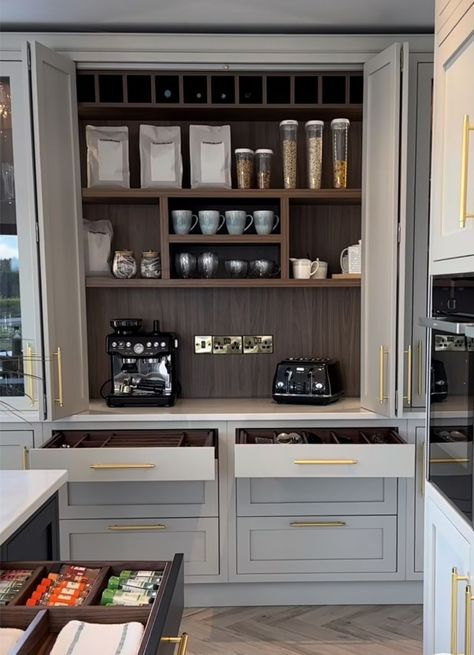 Built In Coffee Bar, Kitchen Wet Bar, Blue Kitchen Designs, Built In China Cabinet, Kitchen Desks, Pantry Remodel, Coffee Bars In Kitchen, Coffee Bar Home, Home Bar Designs