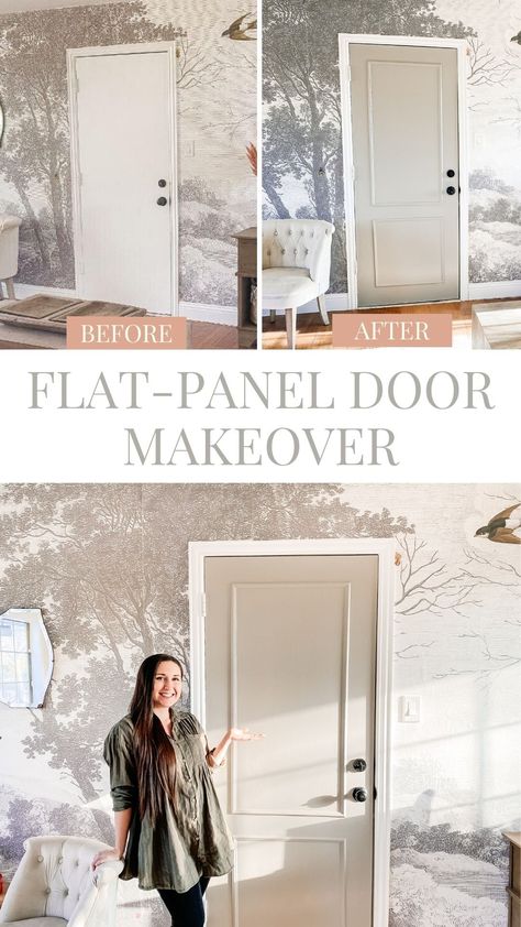 Picture Frames On Cabinet Doors, Trim On Flat Panel Door, Diy Updated Interior Doors, How To Make Cheap Doors Look Expensive, Apartment Door Makeover, Diy Molding On Doors, Picture Frame Molding On Door, Diy Painting Doors Interior, Old Bedroom Door Makeover