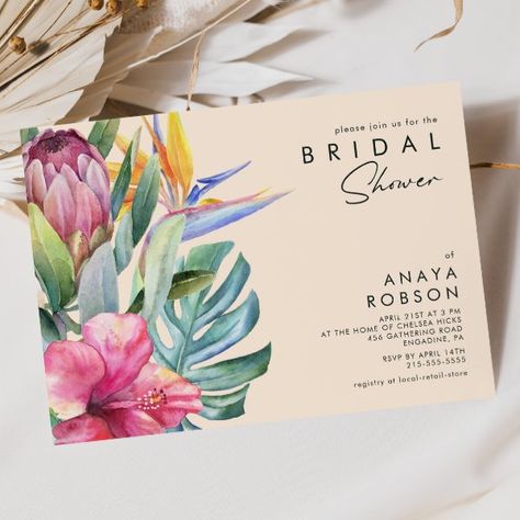 Colorful Tropical Floral | Peach Bridal Shower Invitation Peach Bridal Showers, Tropical Bridal Shower Invitations, Wedding Announcement Cards, Tropical Bridal Showers, Elegant Bridal Shower, Winter Wedding Invitations, Floral Bridal Shower Invitations, Bridal Shower Invitations Templates, Wedding Invitations Boho