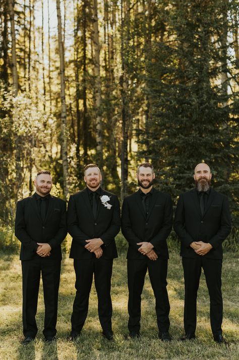 Traditional and Minimalist Alberta Wedding | IG: Hair - @theothersidehairstudio Bridesmaids Dresses - Baltic Born Groomsmen Attire - @jensenslifestyleclothing Wedding Gown - @delicabridal Wedding Photography - @ej.lifestyle #albertwedding #weddinginspo #minimalwedding #outdoorwedding Groomsman In Black, All Black Mens Wedding Attire, Moody Groomsmen Attire, Black On Black Groomsmen, Groomsmen All Black, All Black Groomsmen Attire, All Black Groom Attire, Winter Groomsmen, Black Groomsmen Attire