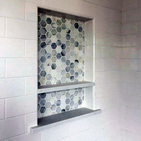 Small Hexagon Shower Niche Ideas With White Subway Tiles Tile Shower Inset Shelf, Bathtub Inset Shelf, Niche Shelf Design, Shower Nook Tile, Shower Nook Ideas, Shower Inset Shelf, Bathtub Niche Ideas, Bathtub Niche, Shower Nook