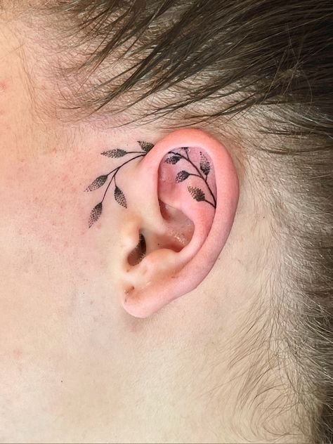 Dandelion Ear Tattoo, Fern Ear Tattoo, Tattoo With Hidden Semicolon, Floral Ear Tattoo, Tattoo Oreille, Tragus Tattoo, Adoption Tattoo, Inner Ear Tattoo, Rocket Tattoo