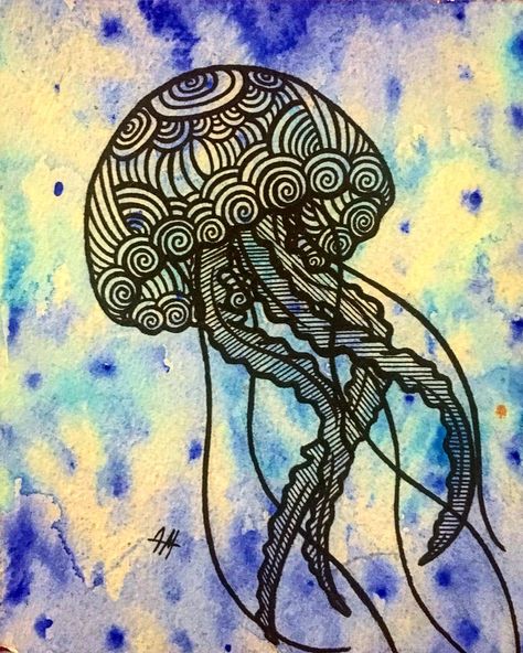 Zentangle Abstract, Surreal Animals, Undercut Ideas, Fish Doodle, Watercolor Jellyfish, Ocean Drawing, Beachy Art, Sea Drawing, Jellyfish Drawing