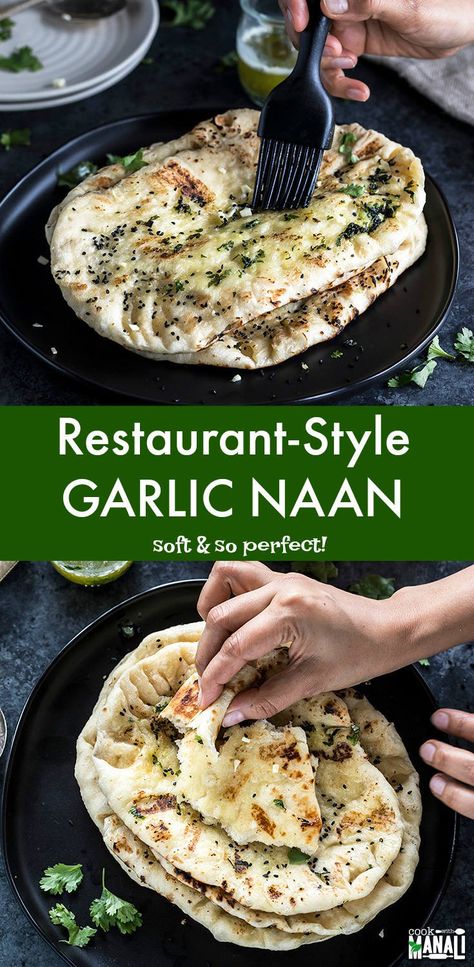 Soft and Buttery Homemade Garlic Naan - just like the one from your favorite Indian restaurant! Enjoy it with your favorite curry! #naan #indian #recipe Butter Garlic Naan, Garlic Roti Recipe, Indian Naan Recipe, Garlic Butter Naan Recipe, Nann Recipes, Naan Garlic Bread, Homemade Garlic Naan, Garlic Naan Bread, Indian Naan