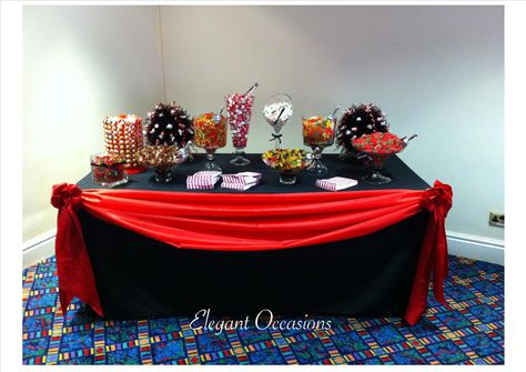 Red  Black themed wedding - candy buffet table set-up Red And Black Sweets Table, Red And Gold Candy Table, Black And Red Table Decorations, Silver Candy Buffet, Black Themed Wedding, Red Table Decorations, Candy Table Ideas, White Dessert Tables, Candy Buffet Table