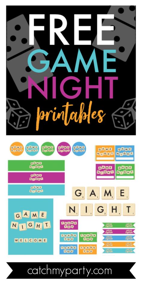 Unfortunately, many of us are sheltered at home right now, so a game night party with your family can be a fun way to help pass the time. This collection of FREE game night party printables are an awesome giveaway! Don't you just love the Scrabble design? Use them to decorate your game night and add some excitement to what could be just another game. Bring on the competition! See more party ideas and share yours at CatchMyParty.com #catchmyparty #partyideas #freeprintables #gamenight #gamenightp Game Night Signs Free Printable, Game Night Free Printables, Family Game Night Quotes, School Family Game Night Ideas, Game Night Diy Decorations, Games Night Party Decorations, Game Night Invitations Template Free Printable, Family Game Night Decor, Game Night School Event