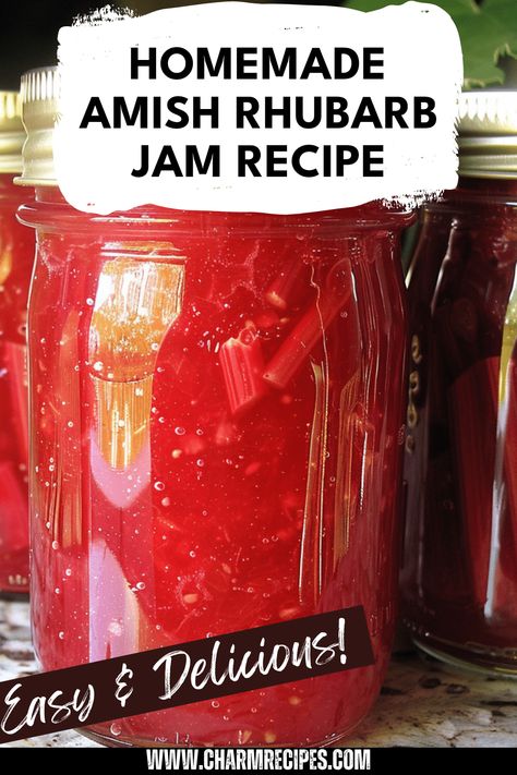 Learn how to make delicious Amish Rhubarb Jam at home with this easy recipe. Featuring rhubarb's unique tart flavor balanced with just the right amount of sweetness, this classic preserve not only highlights the traditional Amish approach to cooking but also offers a delightful treat for toast, desserts, and more. Enjoying this jam is like savoring warm memories and wholesome goodness. Join the range of delightful canning recipes and bring a taste of Amish tradition right to your kitchen today! Rhubarb Jam Recipes Easy, Rhubarb Jam Recipes Canning, Amish Canning Recipes, Rhubarb Marmalade, Rhubarb Preserves, Rhubarb Jam Recipes, Jam Maker, Fresh Rhubarb, Rhubarb Jam