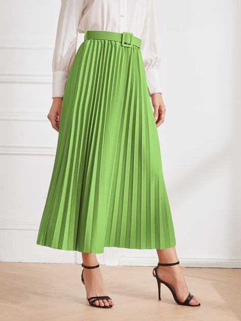 Lime Green Elegant   Cotton Plain Pleated  Medium Stretch Spring/Summer/Fall Women Bottoms Women Bottoms, Women Skirts, Summer Fall, Autumn Summer, Pleated Skirt, Lime Green, Womens Bottoms, High Waisted Skirt, Womens Skirt